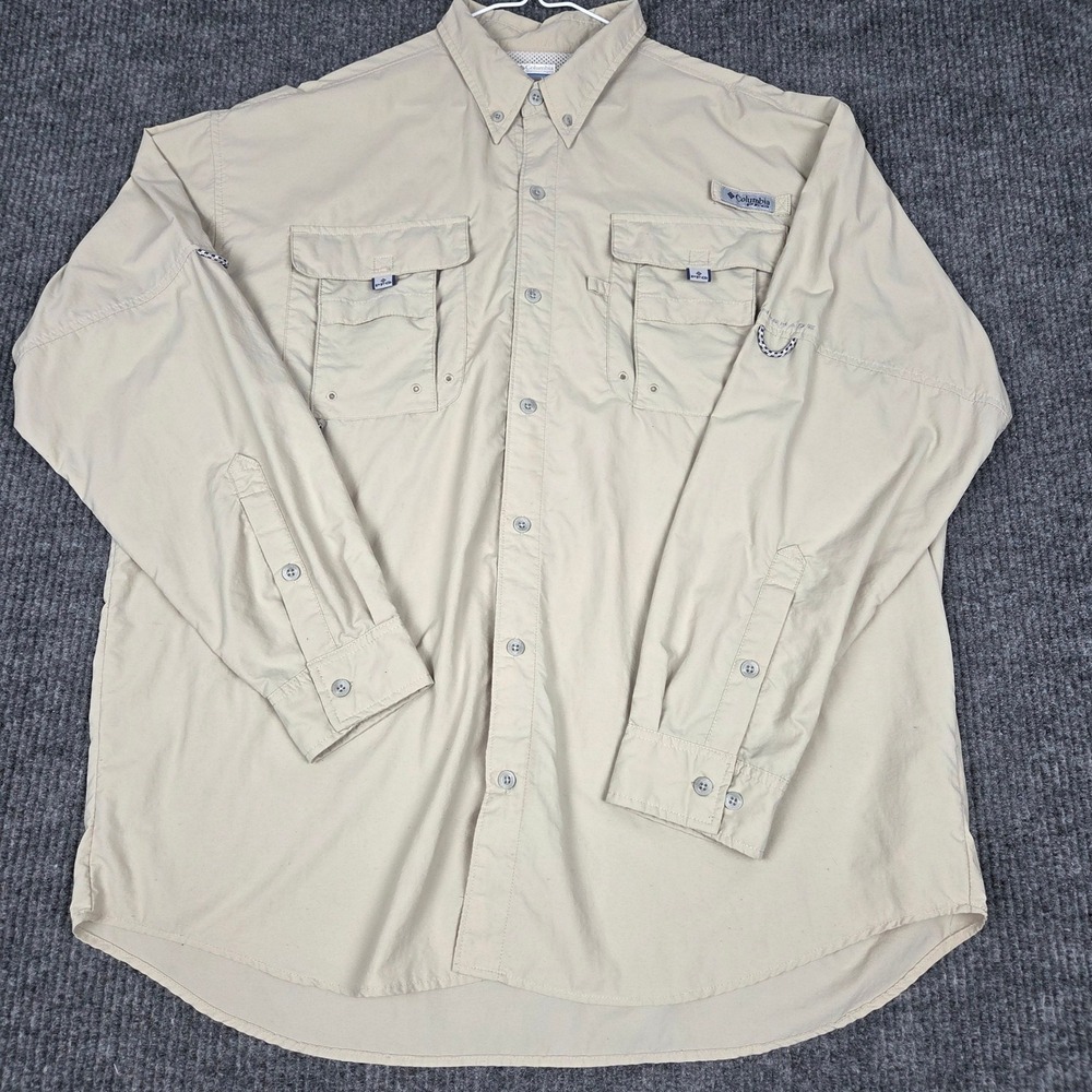 Columbia PFG Bahama II Long Sleeve Fishing Shirt Tan Khaki XL Vented UPF 30